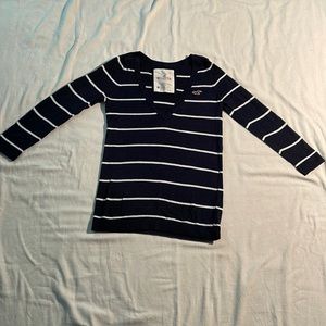 Hollister V neck navy blue w/white stripes, size M thin sweater